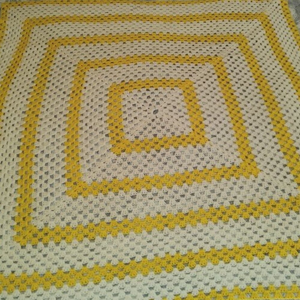 Vintage Handcrafted 51 x 47 Yellow and White Crochet Afghan Blanket